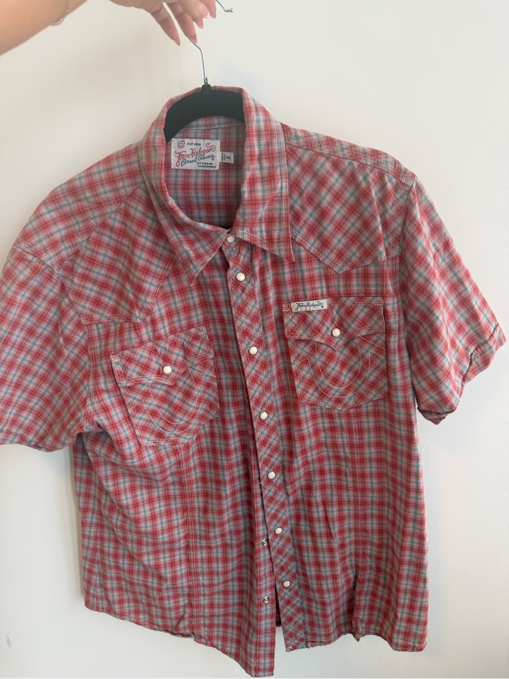 True Religion Red and Light Blue Plaid Short-Sleeve Button-Down Shirt